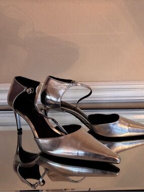 Zara Metallic Silver Pointed Ankle-Strap Heels